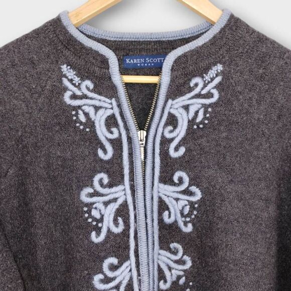 Vtg Karen Scott Wool Cardigan Sz XL Zip Front Grey Blue Embroidery Cottagecore 9 - Picture 3 of 11